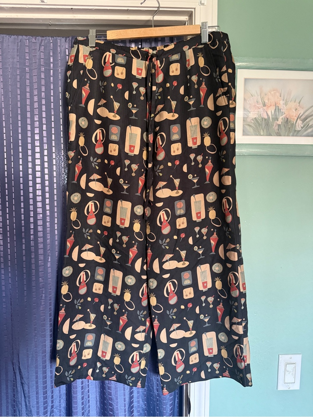 Vintage Tori Richard 100% Silk Thick Wide Leg Pants Size 10 Black Cocktail Print
